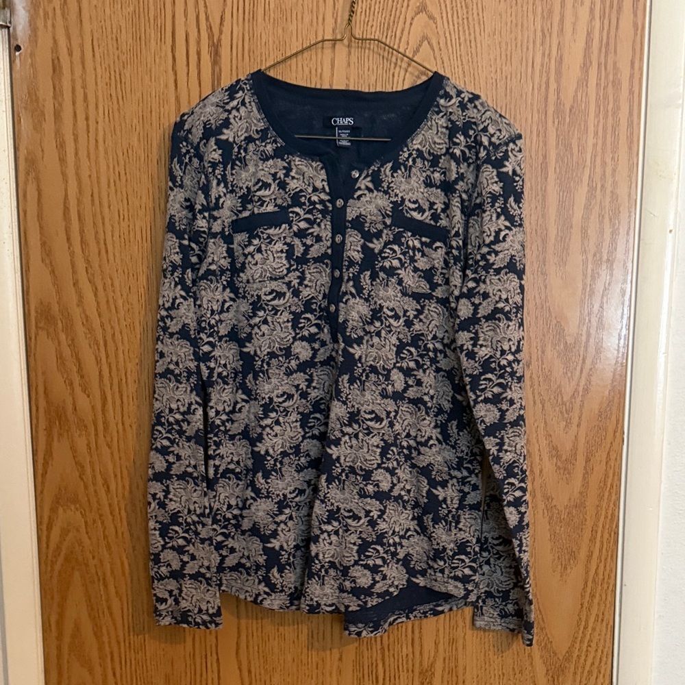 RL Chaps Navy and Cream Long Sleeve Floral Patterned Henley Top Shirt XL